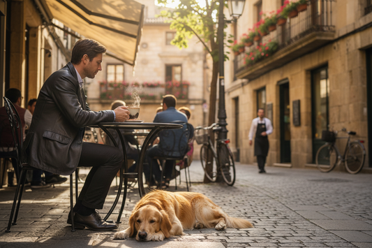 Person at outdoor cafe with jacket and dog