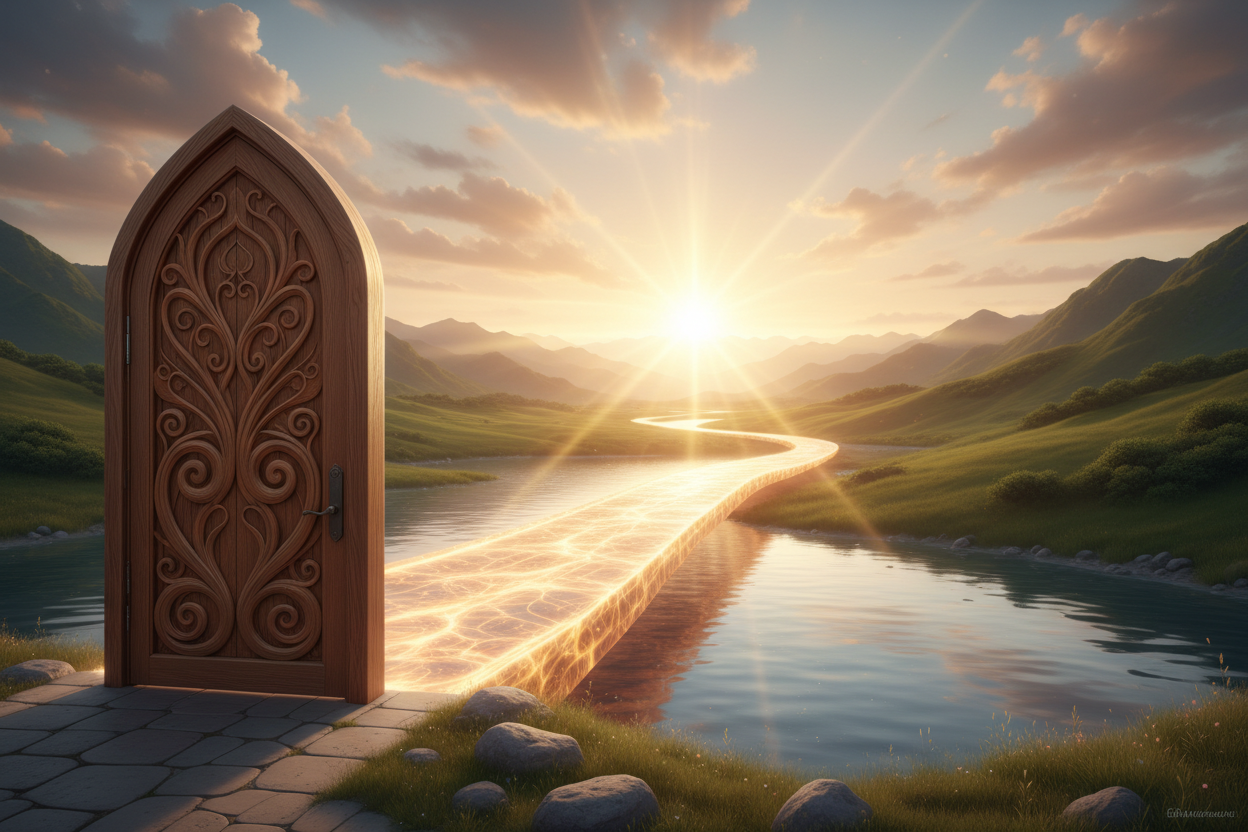 Uplifting image with door, bridge and light