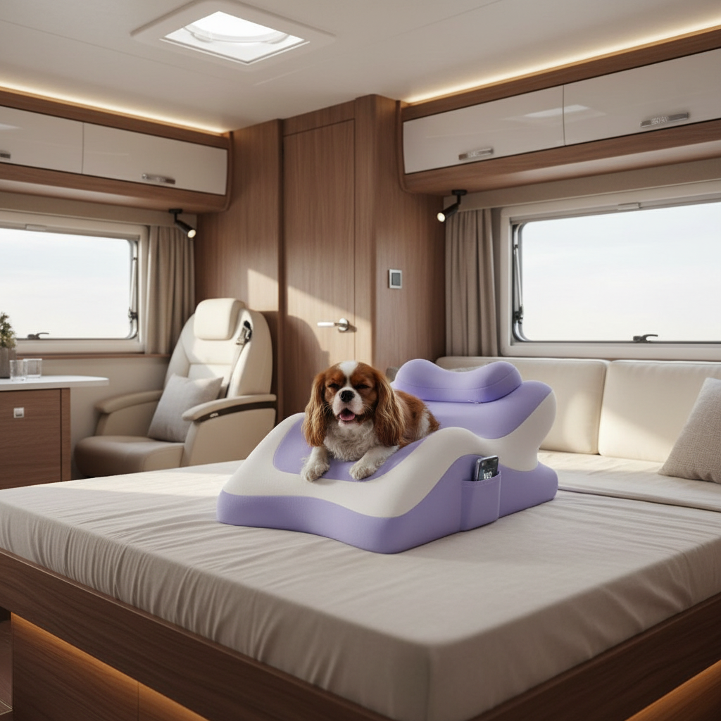 King Charles Spaniel on pillow in modern RV