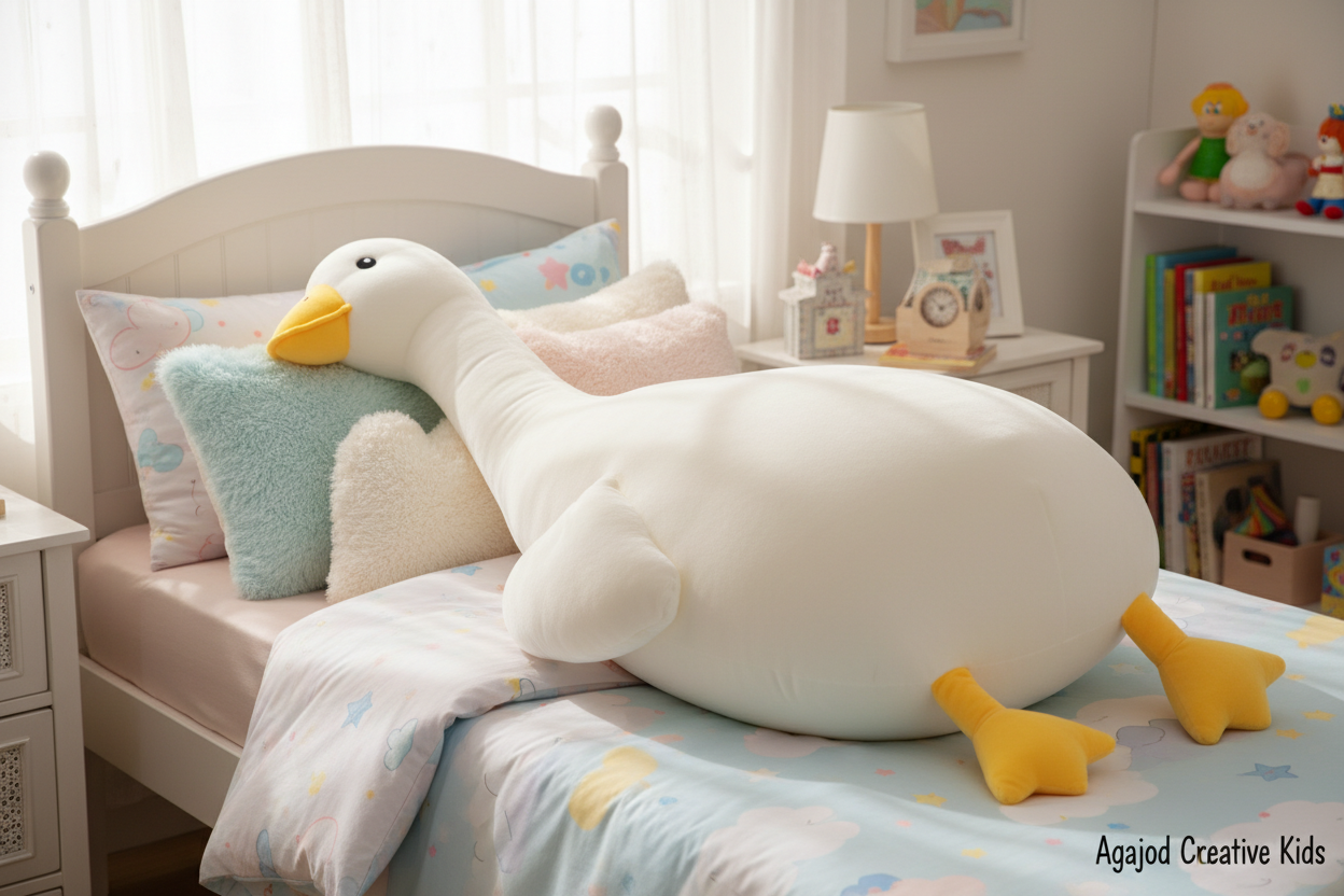 Plain white goose pillow with yellow features